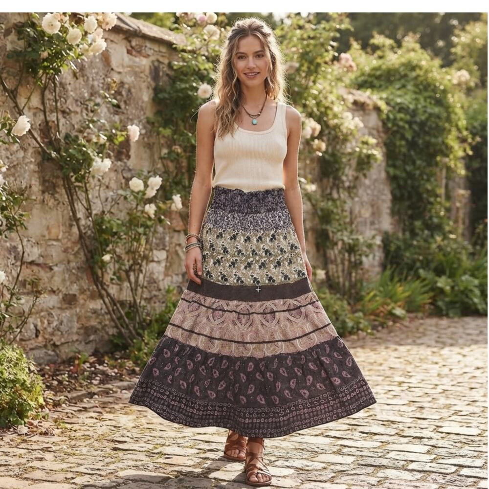 Wet Seal Vintage Boho Maxi Skirt Small Smocked Waist Tiered Paisley Cotton Y2K